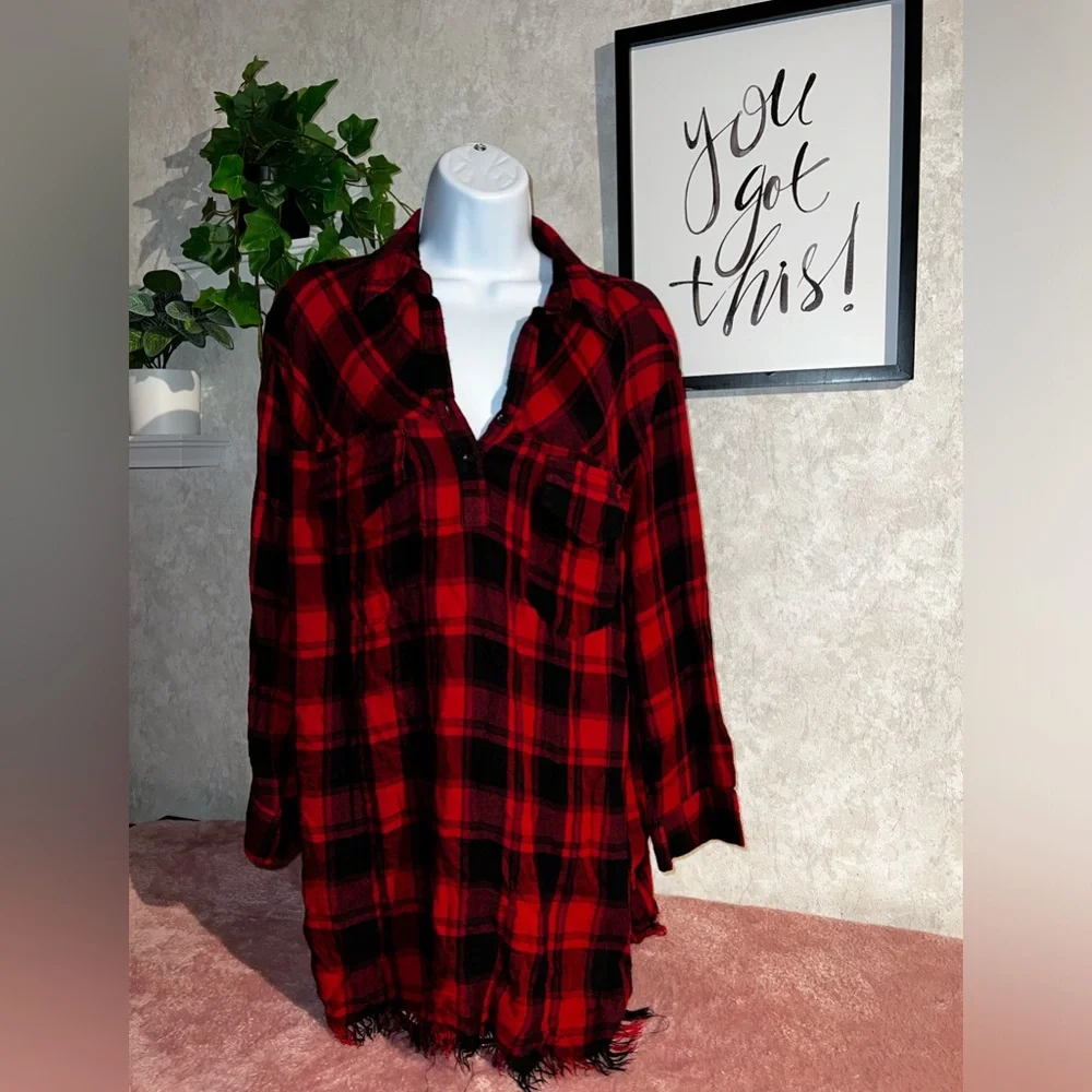 Umgee red buffalo plaid tunic top - Picture 3 of 15